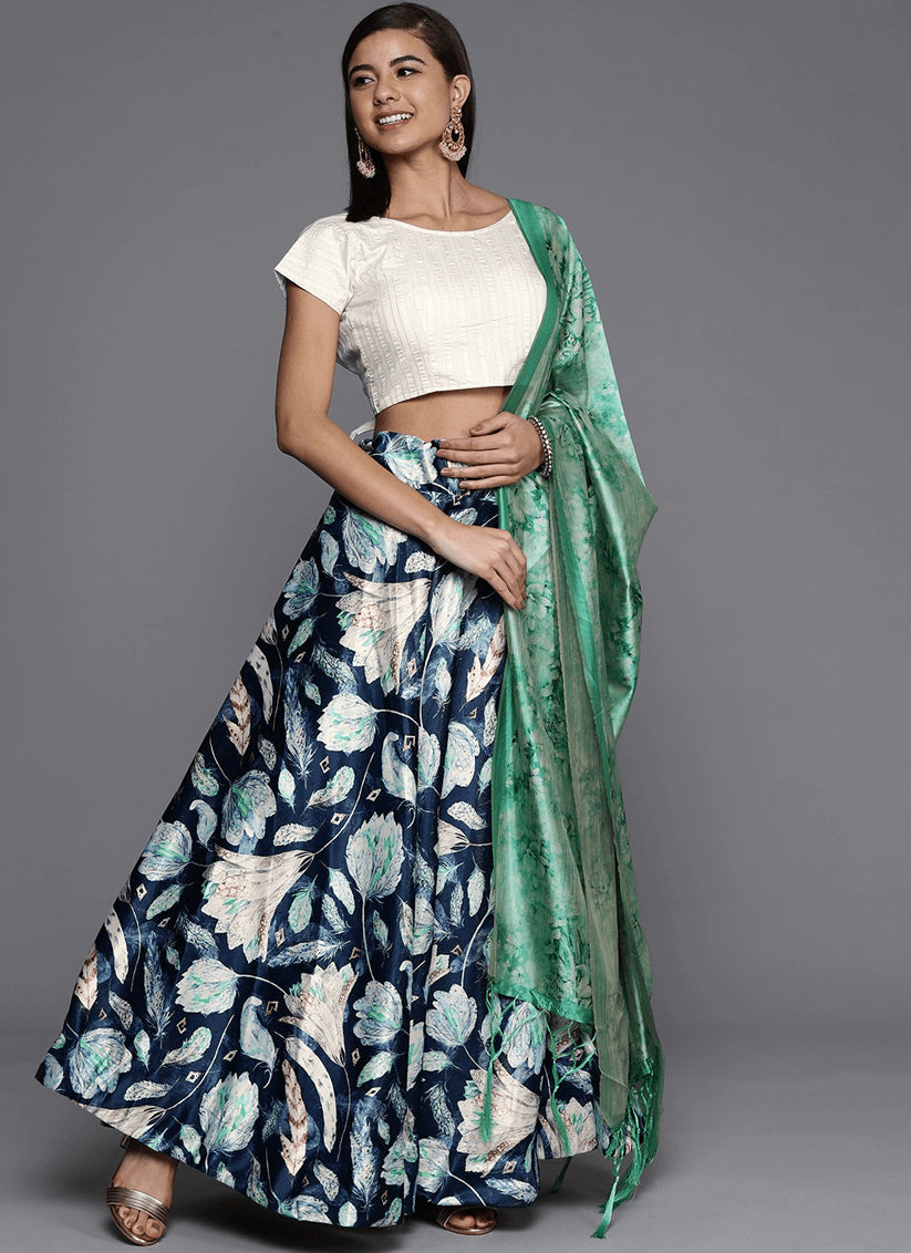 Navy Blue Satin Silk Blend Digital Print Navratri Specials Chaniya Choli