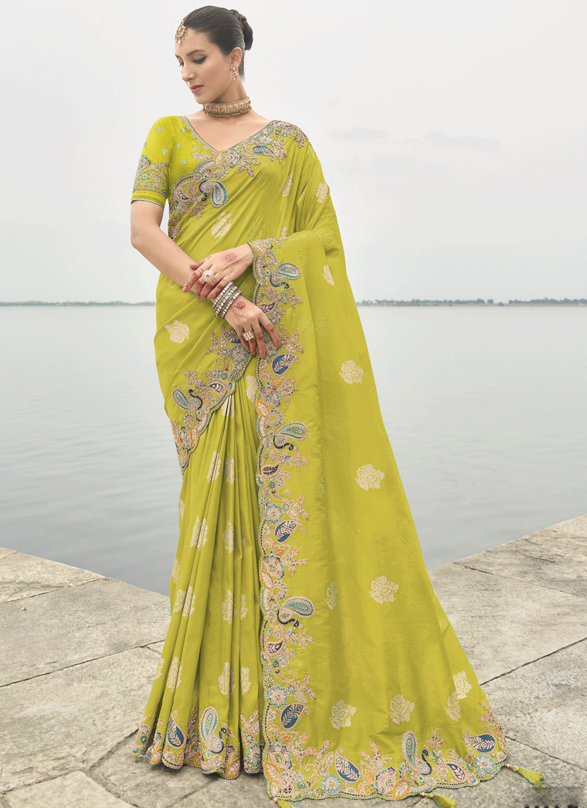 Lime Green Embroidered Silk Designer Saree