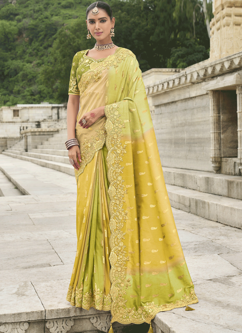Lemon Yellow And Lime Embroidered Silk Designer Saree