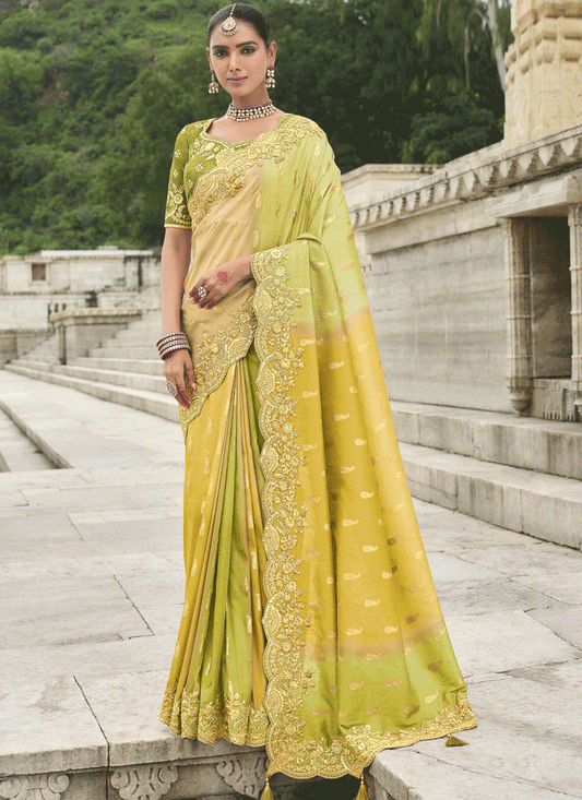 Lemon Yellow And Lime Embroidered Silk Designer Saree