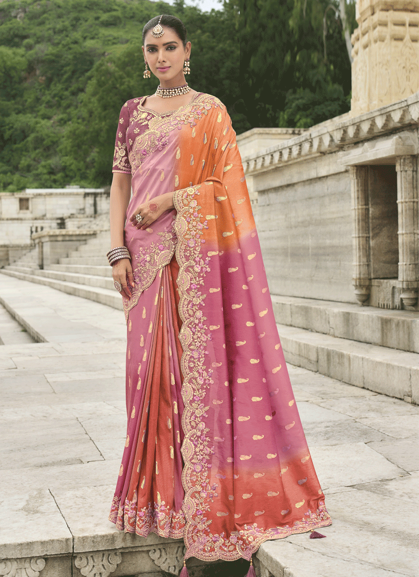 Cherry Pink And Orange Embroidered Silk Designer Saree