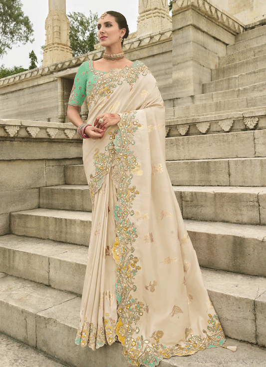 Ivory Embroidered Silk Designer Saree