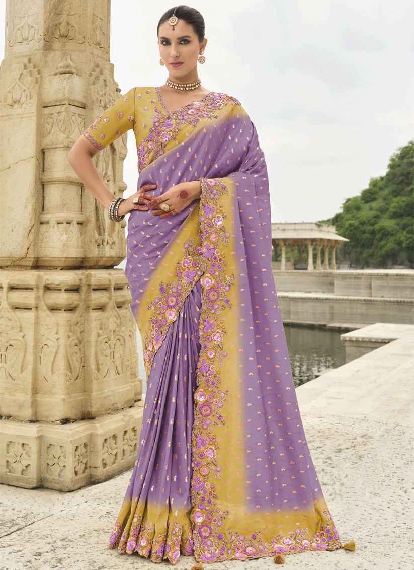 Lilac And Mustard Embroidered Silk Designer Saree