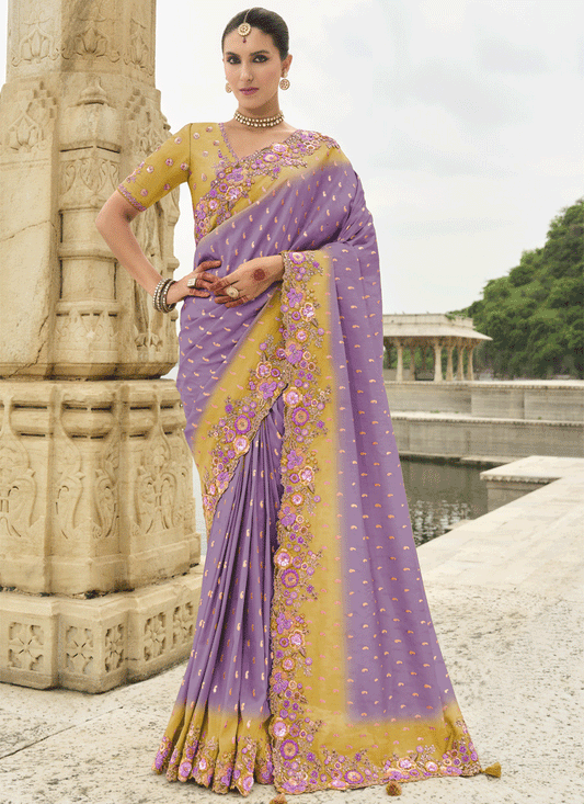 Lilac And Mustard Embroidered Silk Designer Saree
