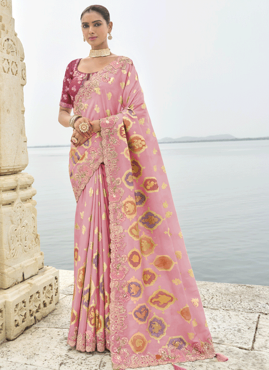 Rose Pink Embroidered Silk Designer Saree