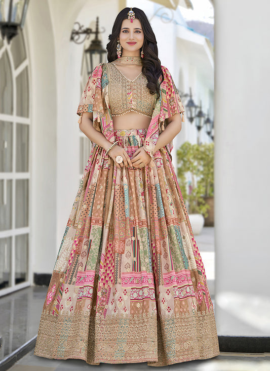 Captivating Beige Embroidered Chinnon Silk Lehenga Choli Set for Festival