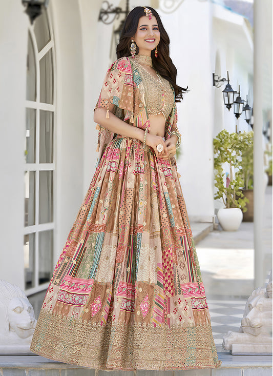 Captivating Beige Embroidered Chinnon Silk Lehenga Choli Set for Festival