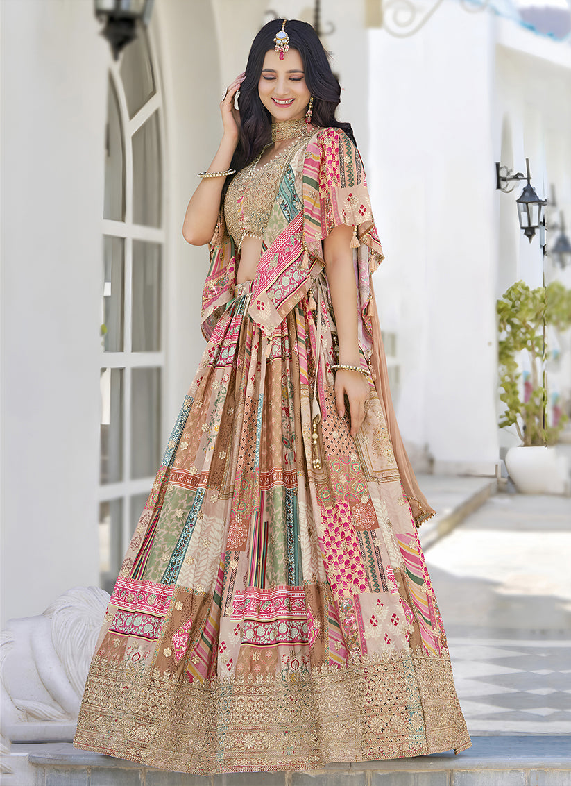 Captivating Beige Embroidered Chinnon Silk Lehenga Choli Set for Festival