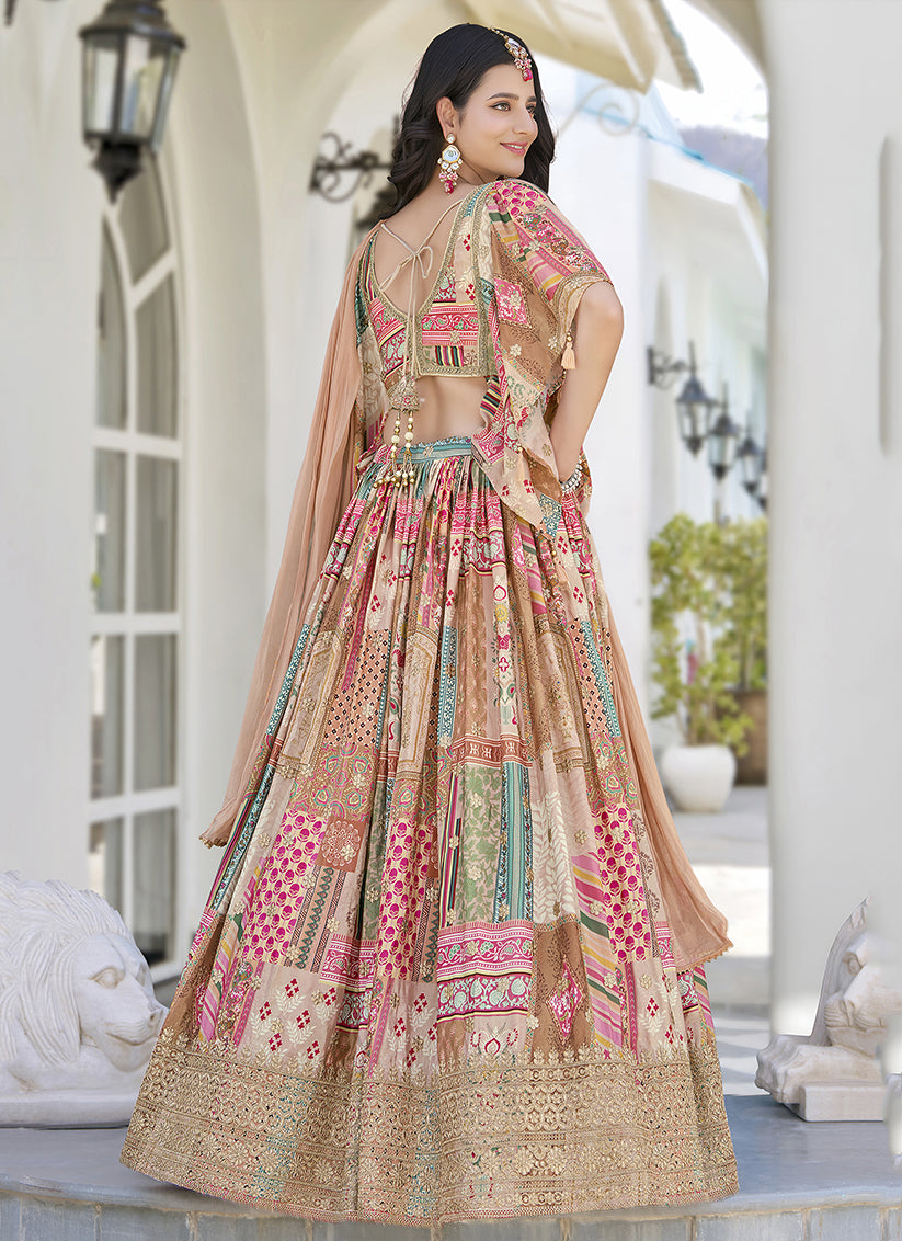 Captivating Beige Embroidered Chinnon Silk Lehenga Choli Set for Festival
