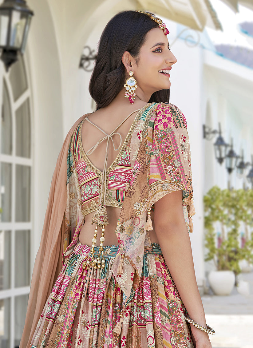 Captivating Beige Embroidered Chinnon Silk Lehenga Choli Set for Festival