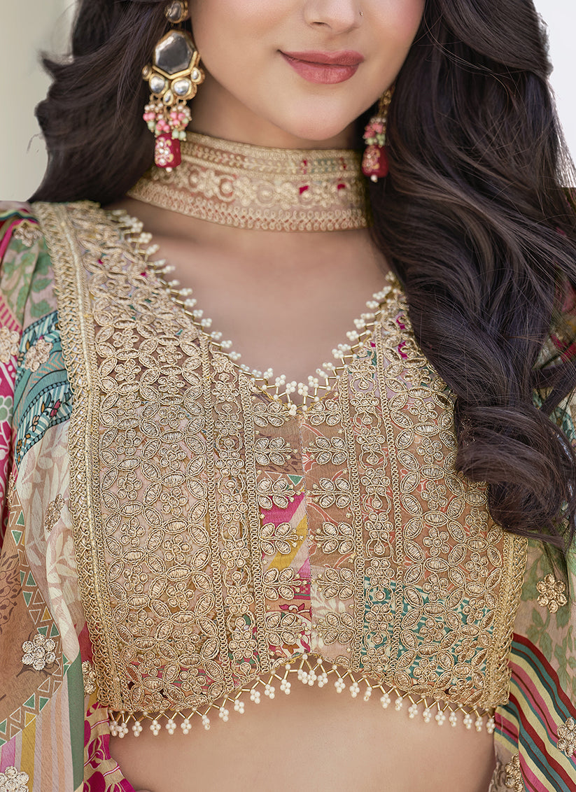 Captivating Beige Embroidered Chinnon Silk Lehenga Choli Set for Festival
