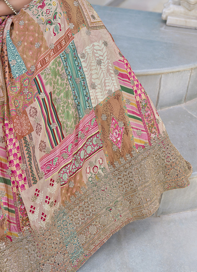 Captivating Beige Embroidered Chinnon Silk Lehenga Choli Set for Festival