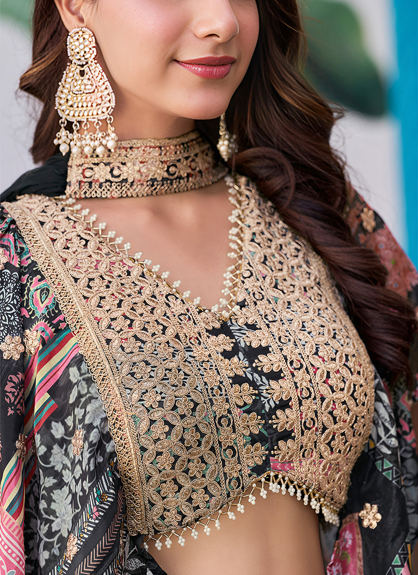Mesmerizing Black Embroidered Chinnon Silk Lehenga Choli Set for Festival