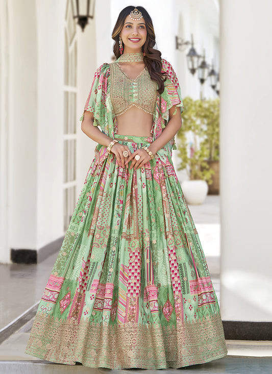 Fascinating Pistachio Green Embroidered Chinnon Silk Lehenga Choli Set for Festival