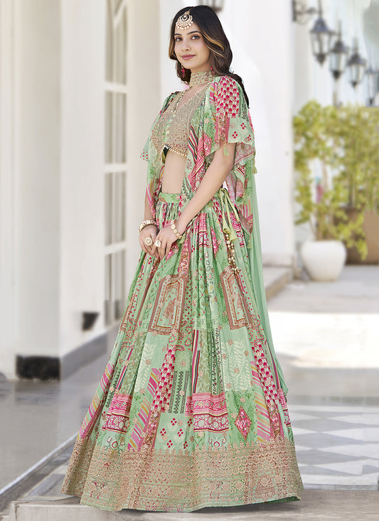 Fascinating Pistachio Green Embroidered Chinnon Silk Lehenga Choli Set for Festival