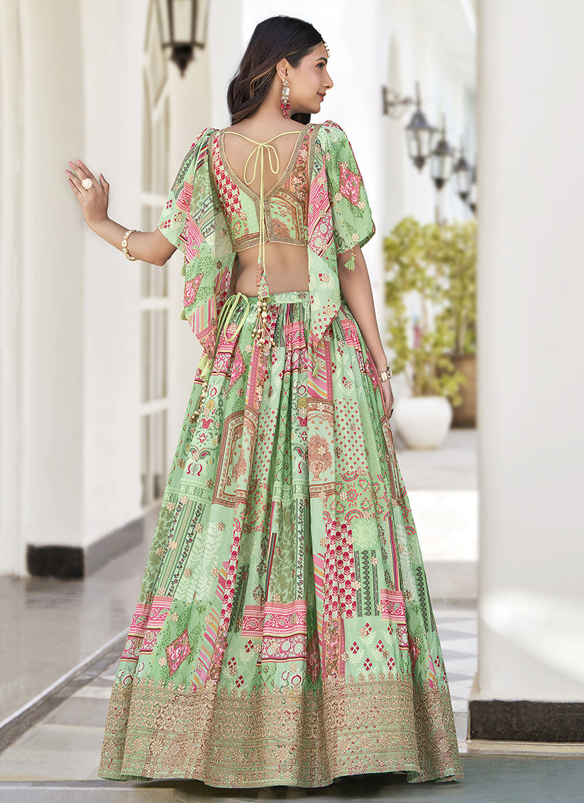 Fascinating Pistachio Green Embroidered Chinnon Silk Lehenga Choli Set for Festival