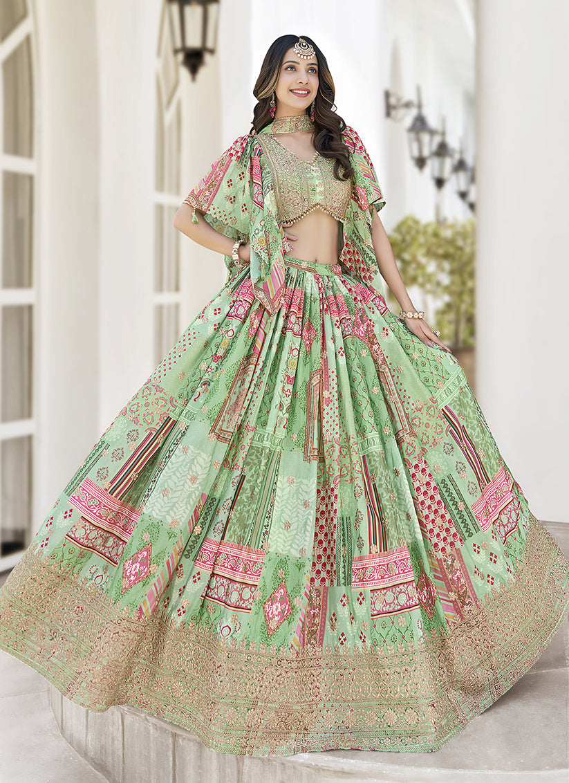 Fascinating Pistachio Green Embroidered Chinnon Silk Lehenga Choli Set for Festival