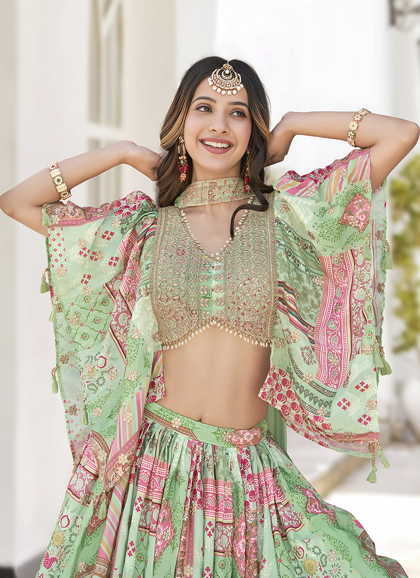 Fascinating Pistachio Green Embroidered Chinnon Silk Lehenga Choli Set for Festival