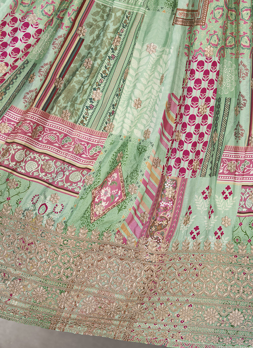 Fascinating Pistachio Green Embroidered Chinnon Silk Lehenga Choli Set for Festival