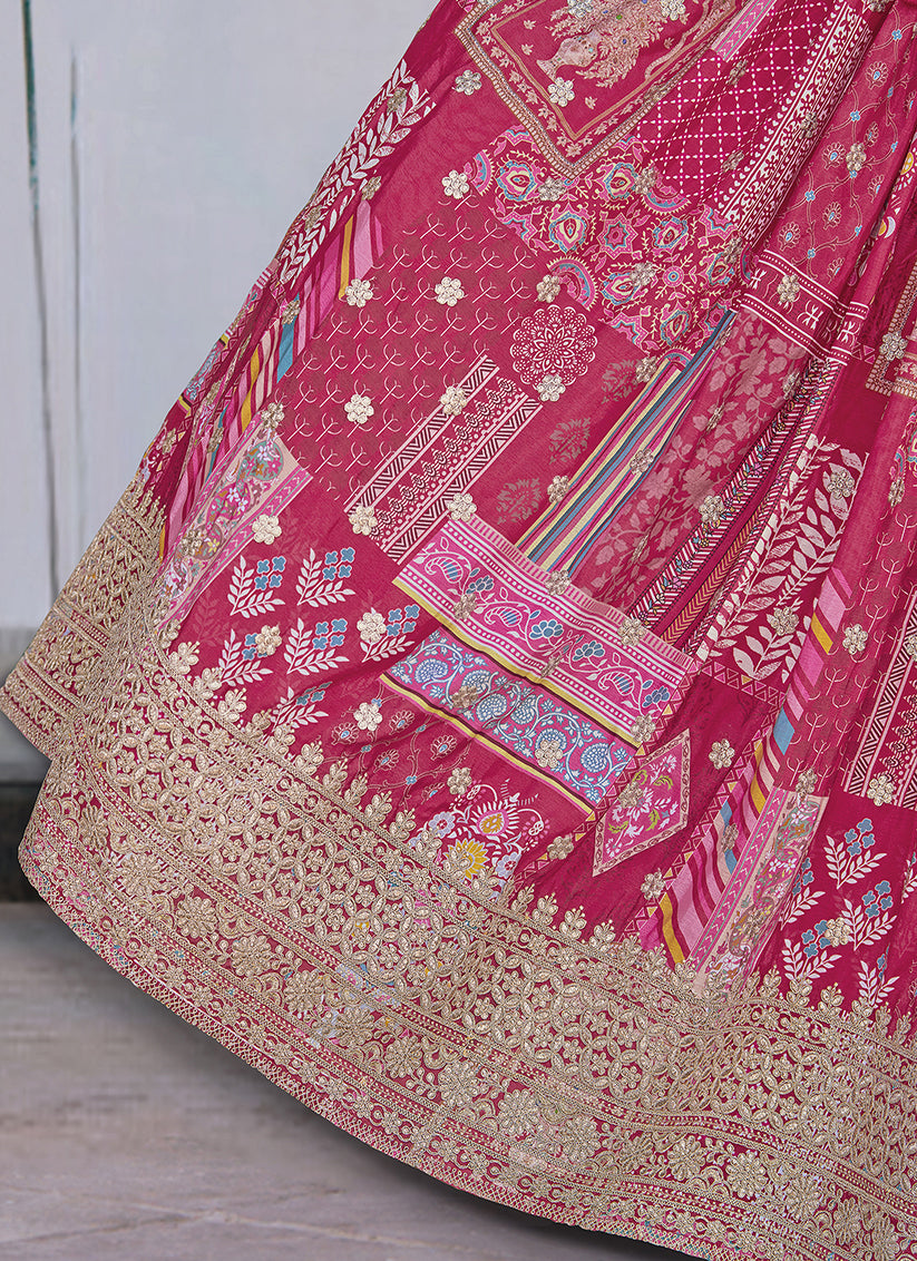 Elegant Rani Pink Embroidered Chinnon Silk Lehenga Choli Set for Festival