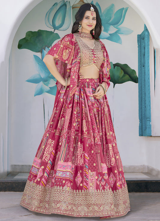Elegant Rani Pink Embroidered Chinnon Silk Lehenga Choli Set for Festival