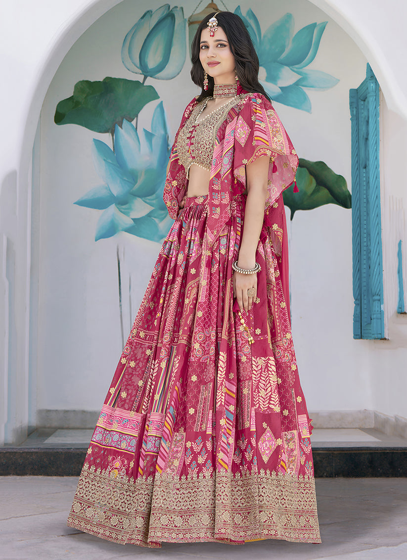 Elegant Rani Pink Embroidered Chinnon Silk Lehenga Choli Set for Festival