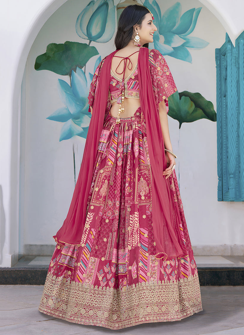Elegant Rani Pink Embroidered Chinnon Silk Lehenga Choli Set for Festival
