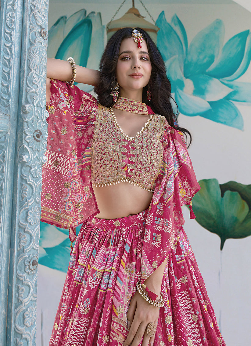 Elegant Rani Pink Embroidered Chinnon Silk Lehenga Choli Set for Festival