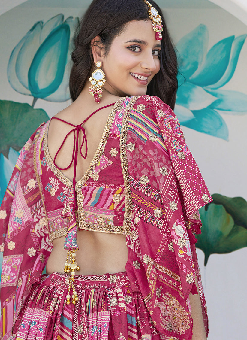 Elegant Rani Pink Embroidered Chinnon Silk Lehenga Choli Set for Festival
