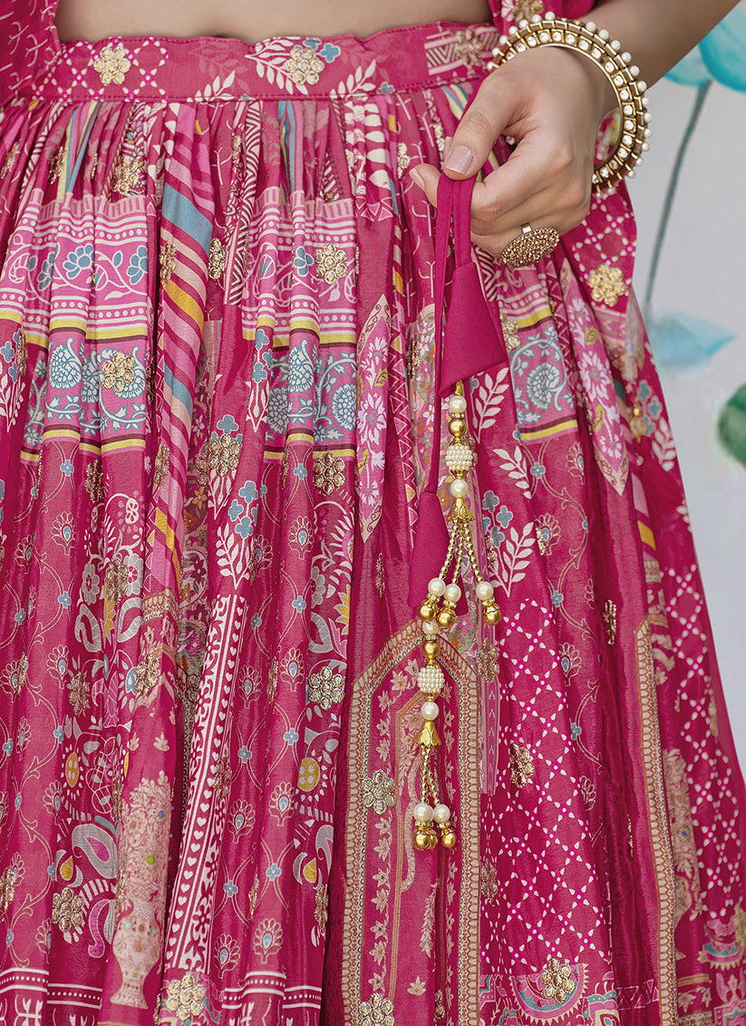 Elegant Rani Pink Embroidered Chinnon Silk Lehenga Choli Set for Festival
