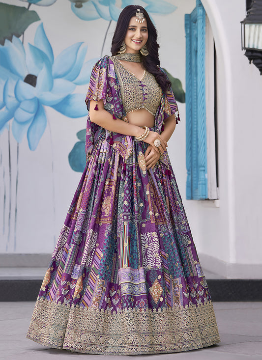 Ravishing Purple Embroidered Chinnon Silk Lehenga Choli Set for Festival