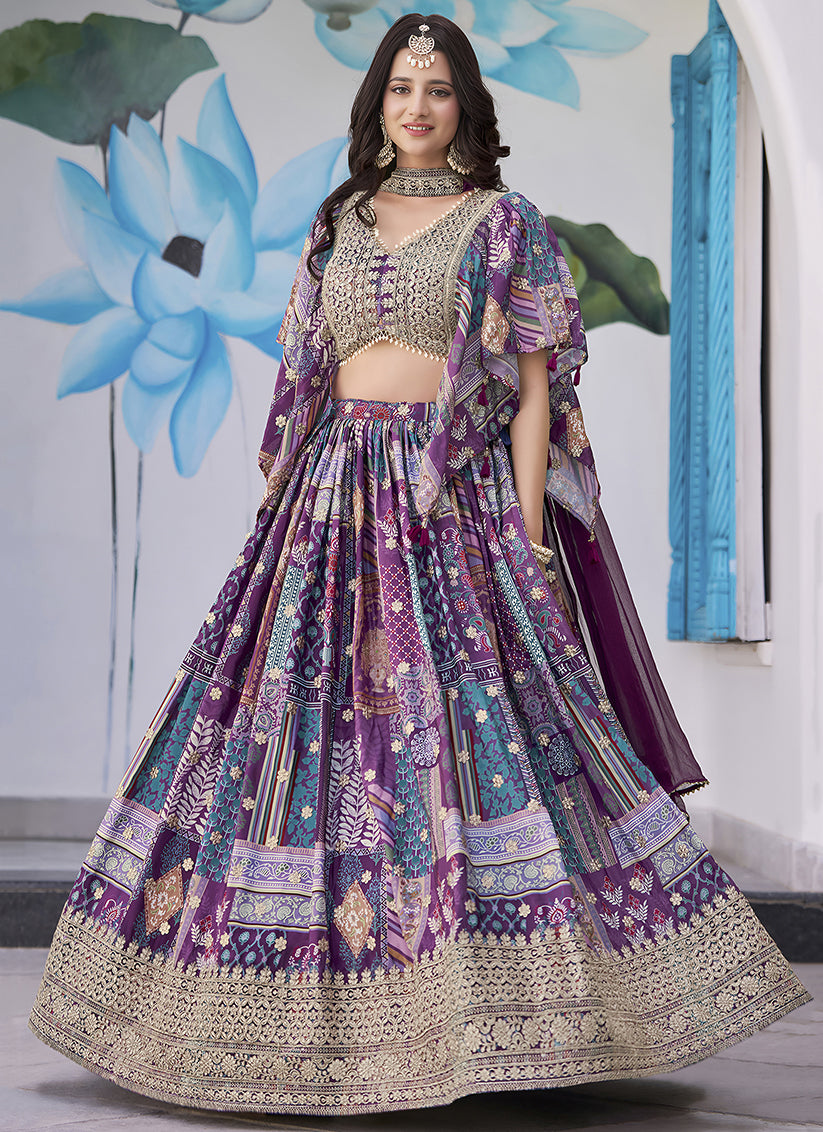 Ravishing Purple Embroidered Chinnon Silk Lehenga Choli Set for Festival