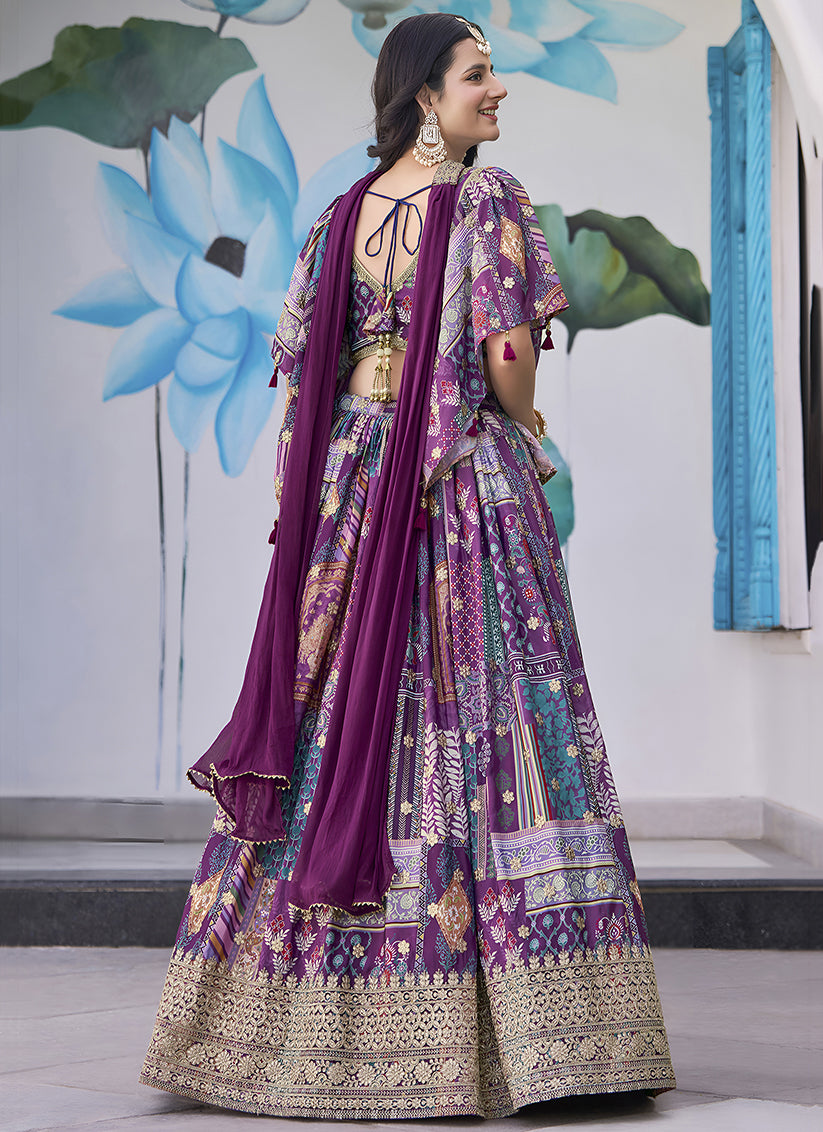 Ravishing Purple Embroidered Chinnon Silk Lehenga Choli Set for Festival