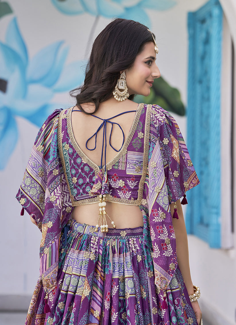 Ravishing Purple Embroidered Chinnon Silk Lehenga Choli Set for Festival