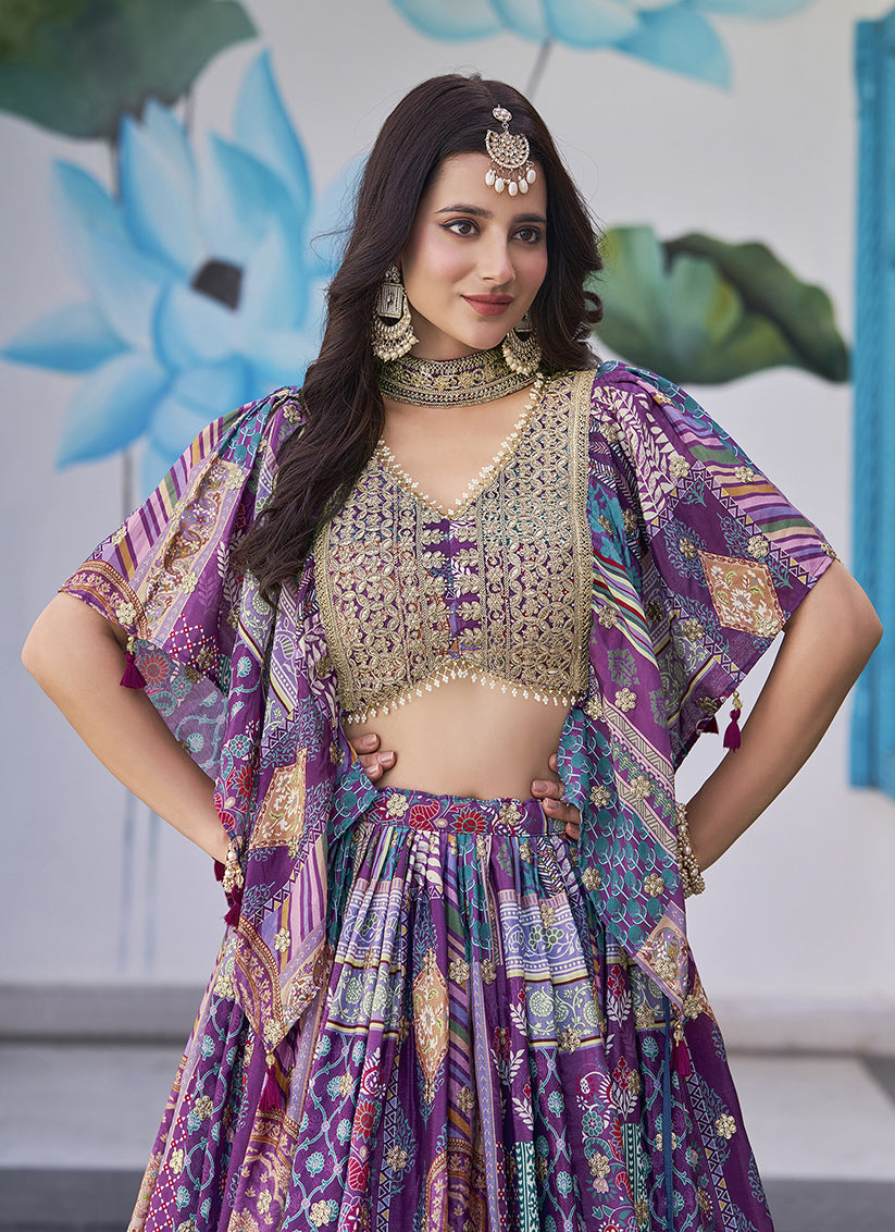 Ravishing Purple Embroidered Chinnon Silk Lehenga Choli Set for Festival