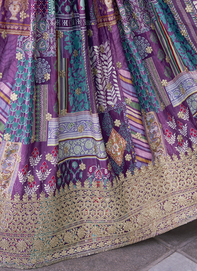 Ravishing Purple Embroidered Chinnon Silk Lehenga Choli Set for Festival
