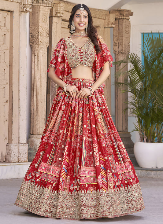 Bewitching Red Embroidered Chinnon Silk Lehenga Choli Set for Festival