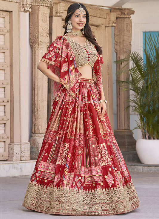 Bewitching Red Embroidered Chinnon Silk Lehenga Choli Set for Festival