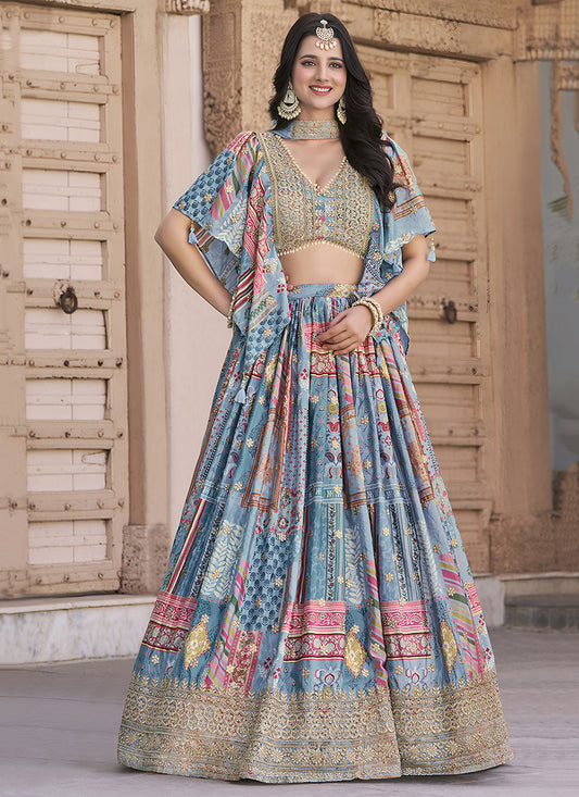 Pretty Sky Blue Embroidered Chinnon Silk Lehenga Choli Set for Festival