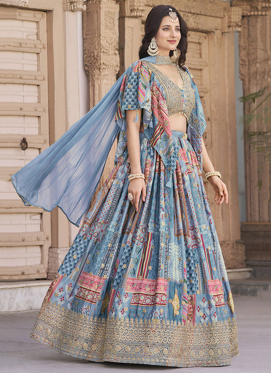 Pretty Sky Blue Embroidered Chinnon Silk Lehenga Choli Set for Festival
