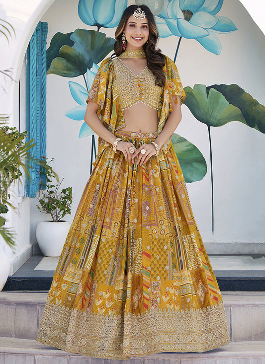 Magnetic Mustard Yellow Embroidered Chinnon Silk Lehenga Choli Set for Festival