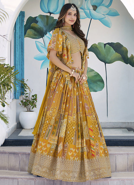 Magnetic Mustard Yellow Embroidered Chinnon Silk Lehenga Choli Set for Festival