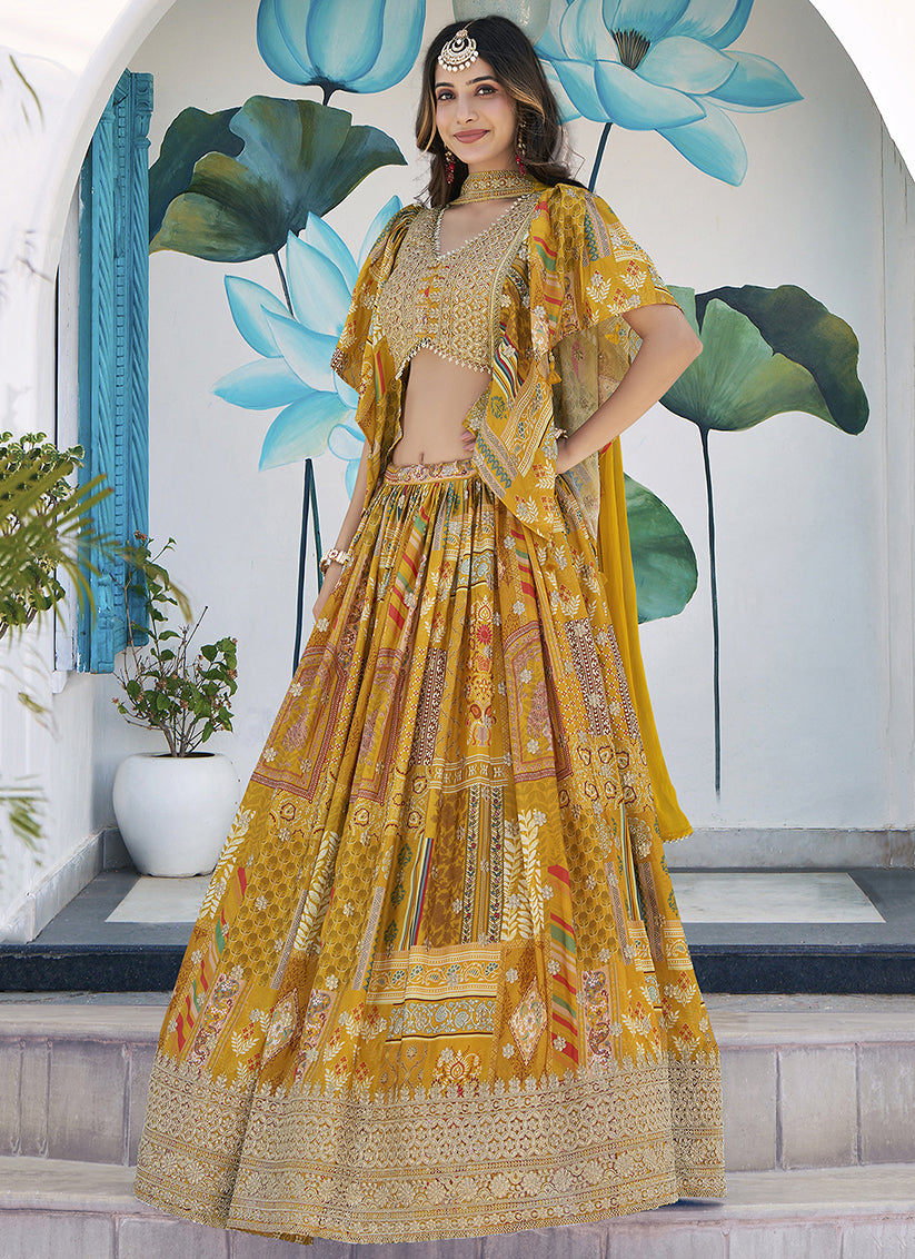 Magnetic Mustard Yellow Embroidered Chinnon Silk Lehenga Choli Set for Festival