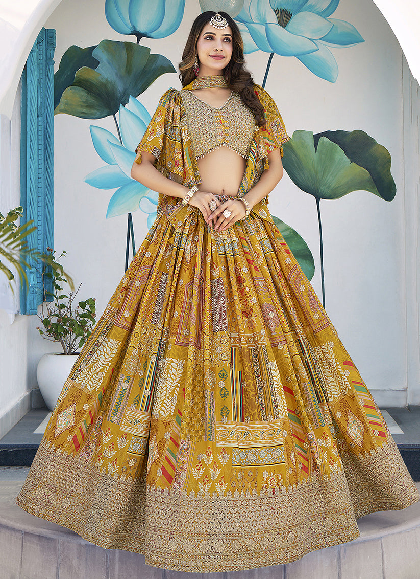 Magnetic Mustard Yellow Embroidered Chinnon Silk Lehenga Choli Set for Festival