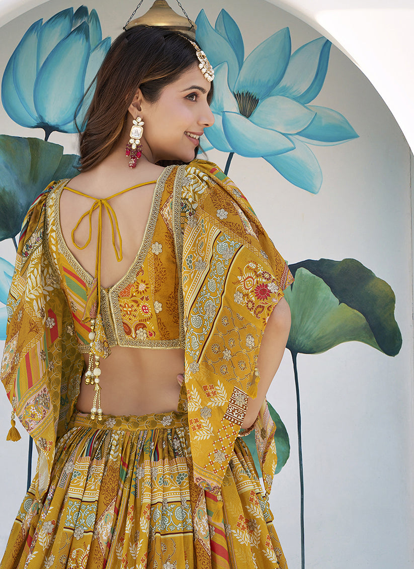 Magnetic Mustard Yellow Embroidered Chinnon Silk Lehenga Choli Set for Festival