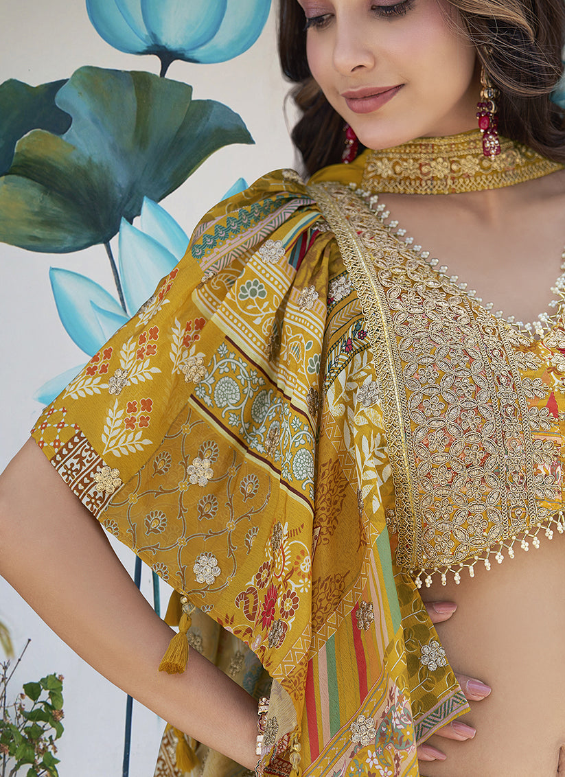 Magnetic Mustard Yellow Embroidered Chinnon Silk Lehenga Choli Set for Festival