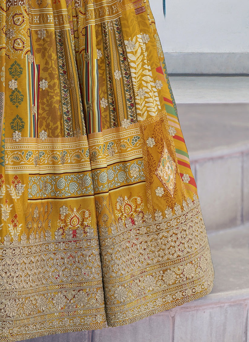 Magnetic Mustard Yellow Embroidered Chinnon Silk Lehenga Choli Set for Festival