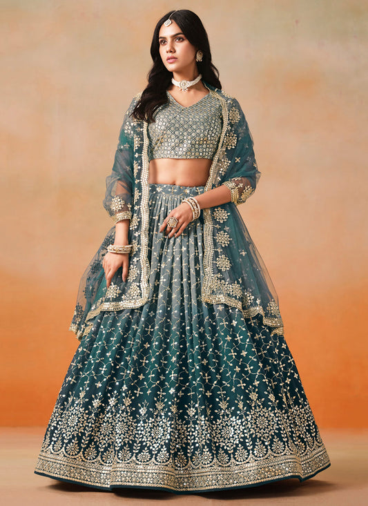 Ombre Teal Georgette Sequins Embroidered Lehenga Choli