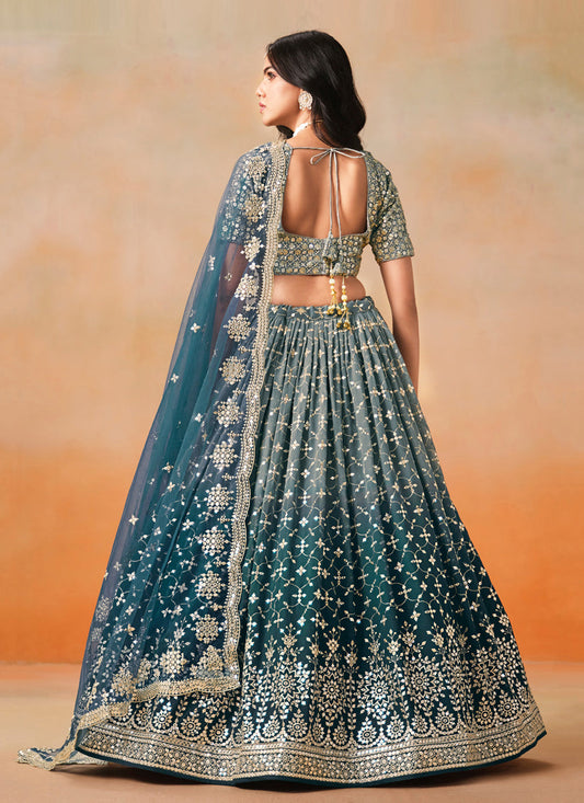 Ombre Teal Georgette Sequins Embroidered Lehenga Choli
