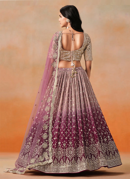 Ombre Maroon Georgette Sequins Embroidered Lehenga Choli
